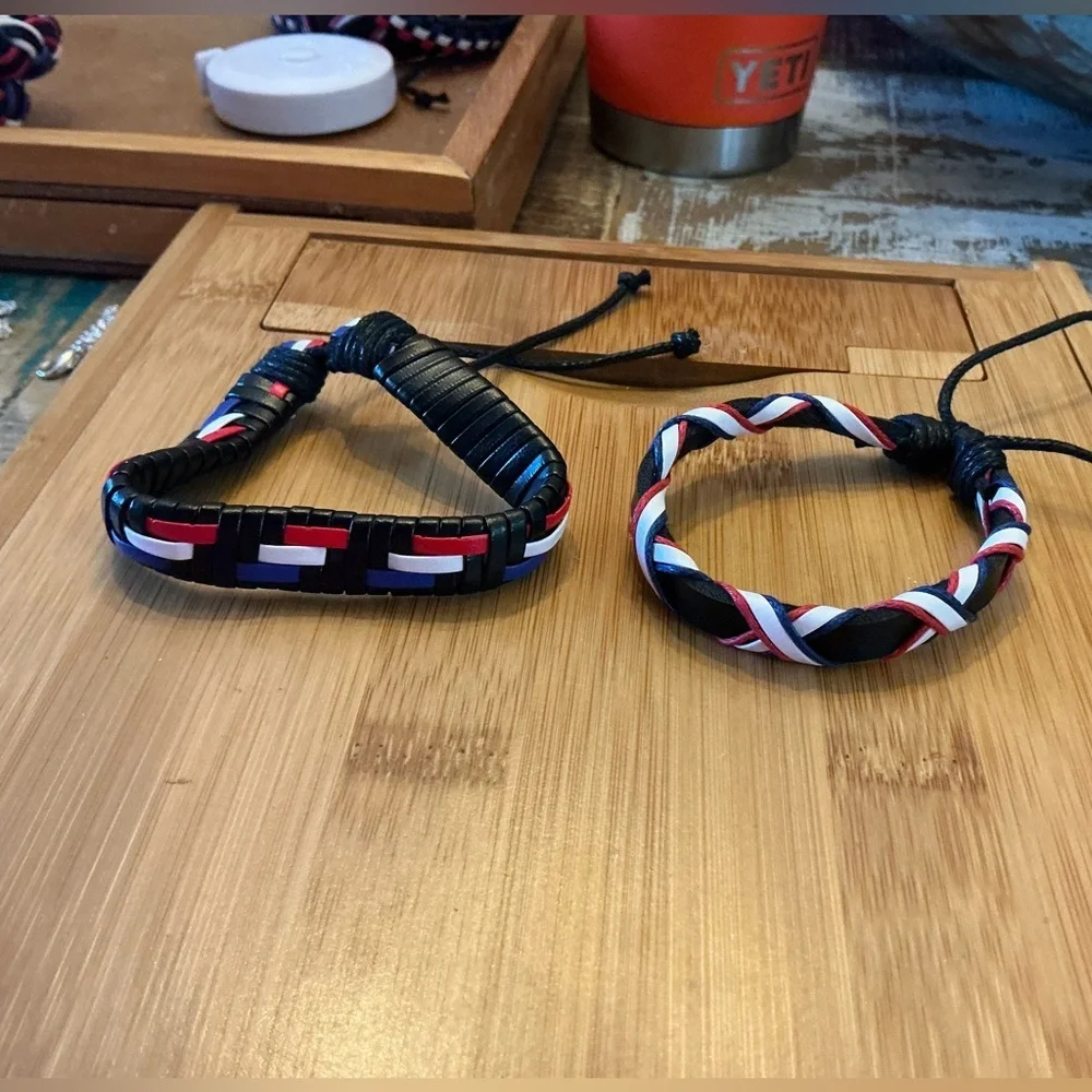 Red, White & Blue Braided and Strap Bracelet Set
